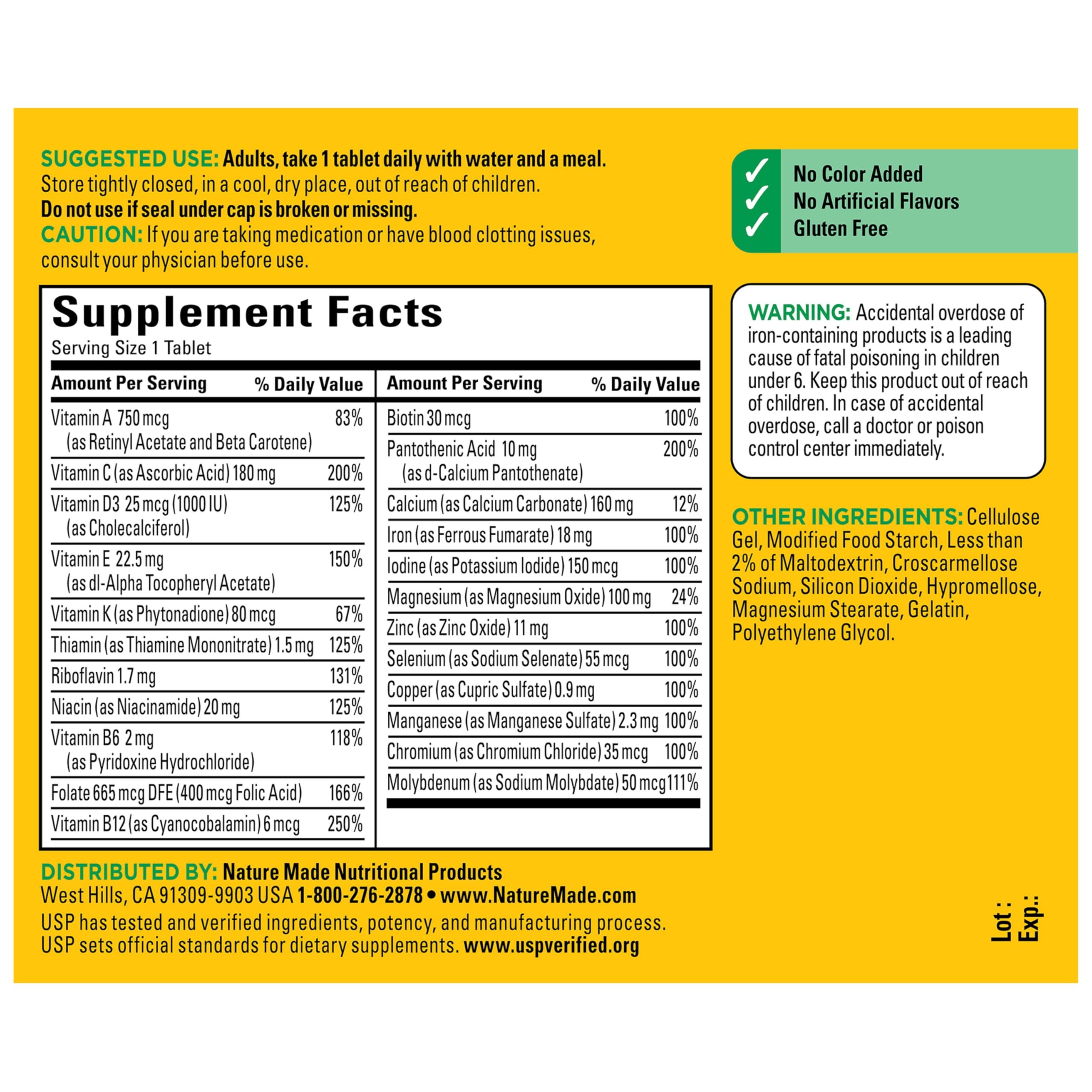Nature Made multivitamin tablets iron USP verified stamp indicating quality.