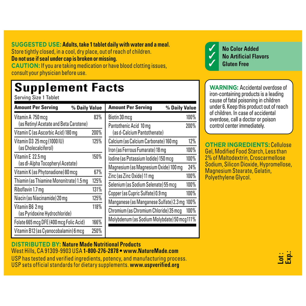 Nature Made multivitamin tablets iron USP verified stamp indicating quality.