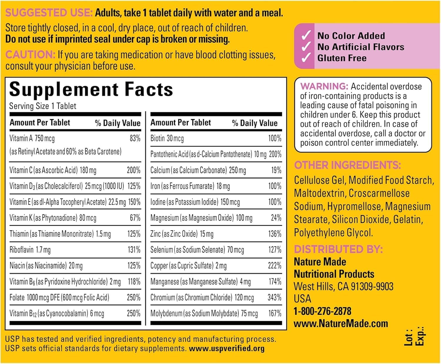 Nature Made Nm Essential Woman Multi label detail highlighting vitamins for women