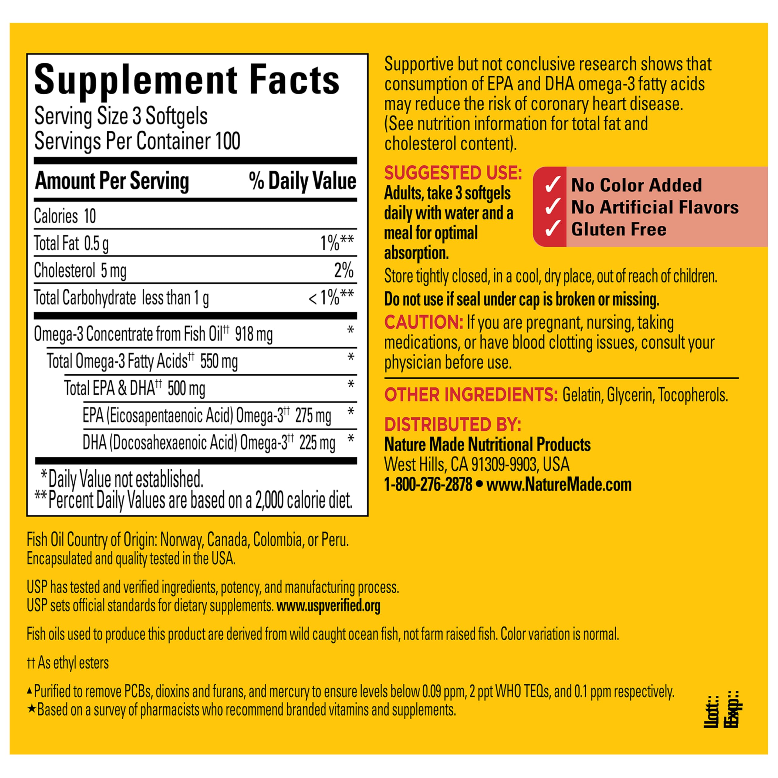 Nature Made Omega-3 bottle highlights 100-day supply.