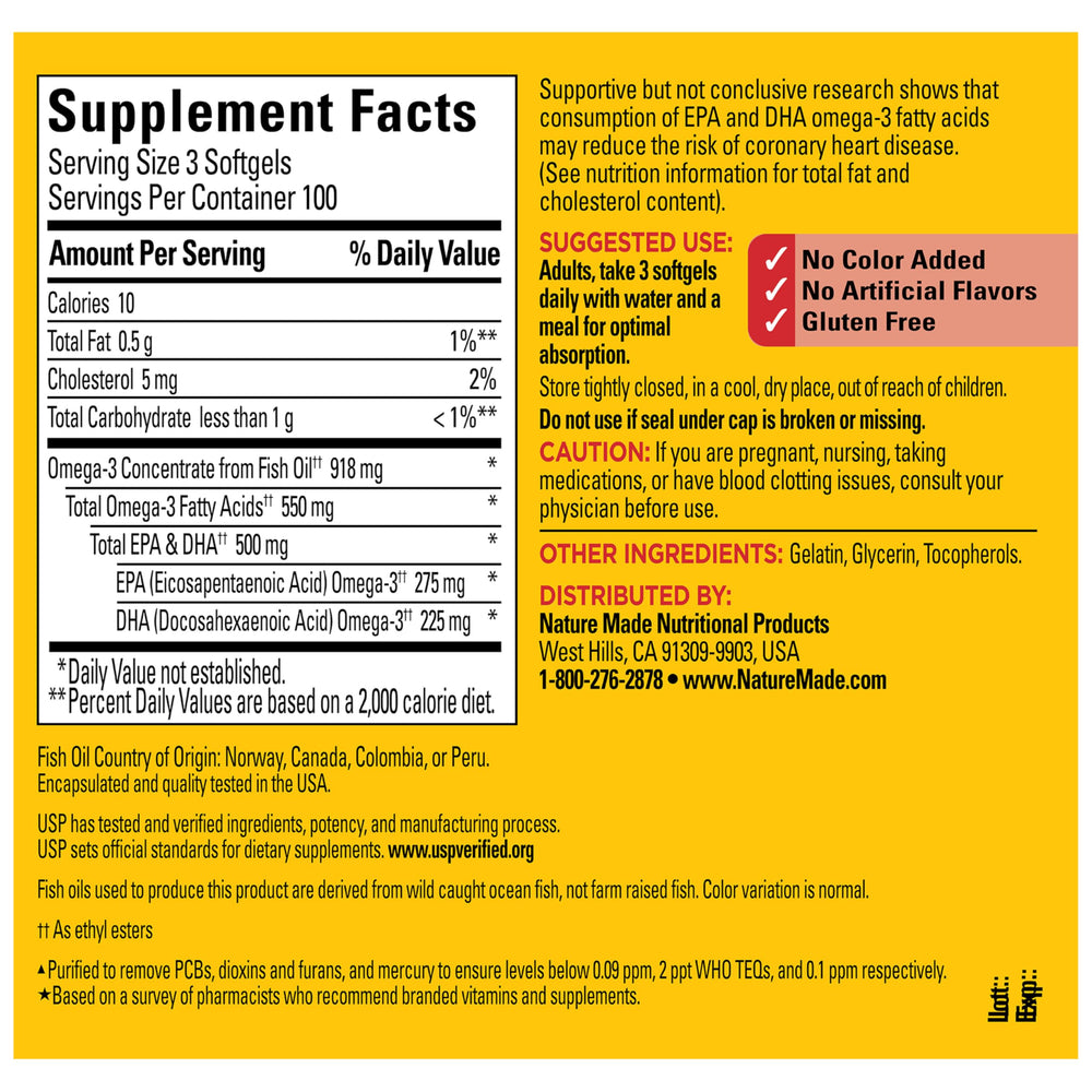 Nature Made Omega-3 bottle highlights 100-day supply.