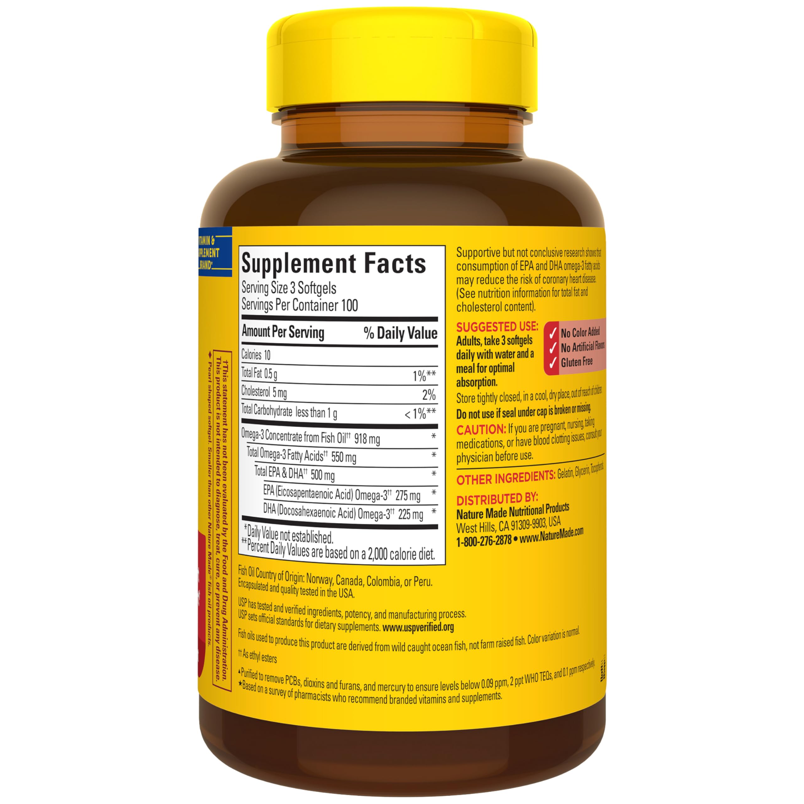 Nature Made Omega-3 bottle recommended with meals for daily intake.
