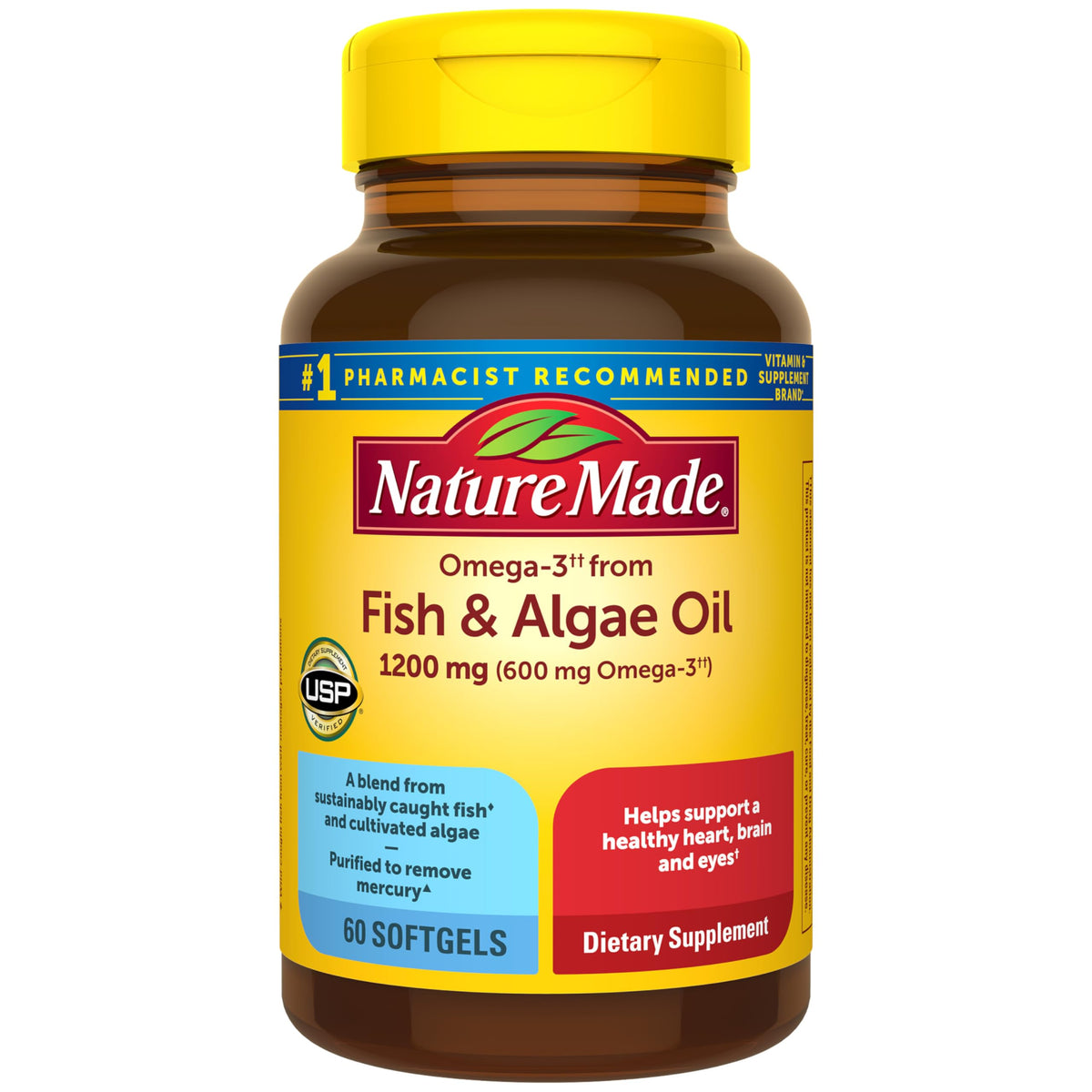 Nature Made Omega-3 fish-algae blend bottle for daily heart and brain support.