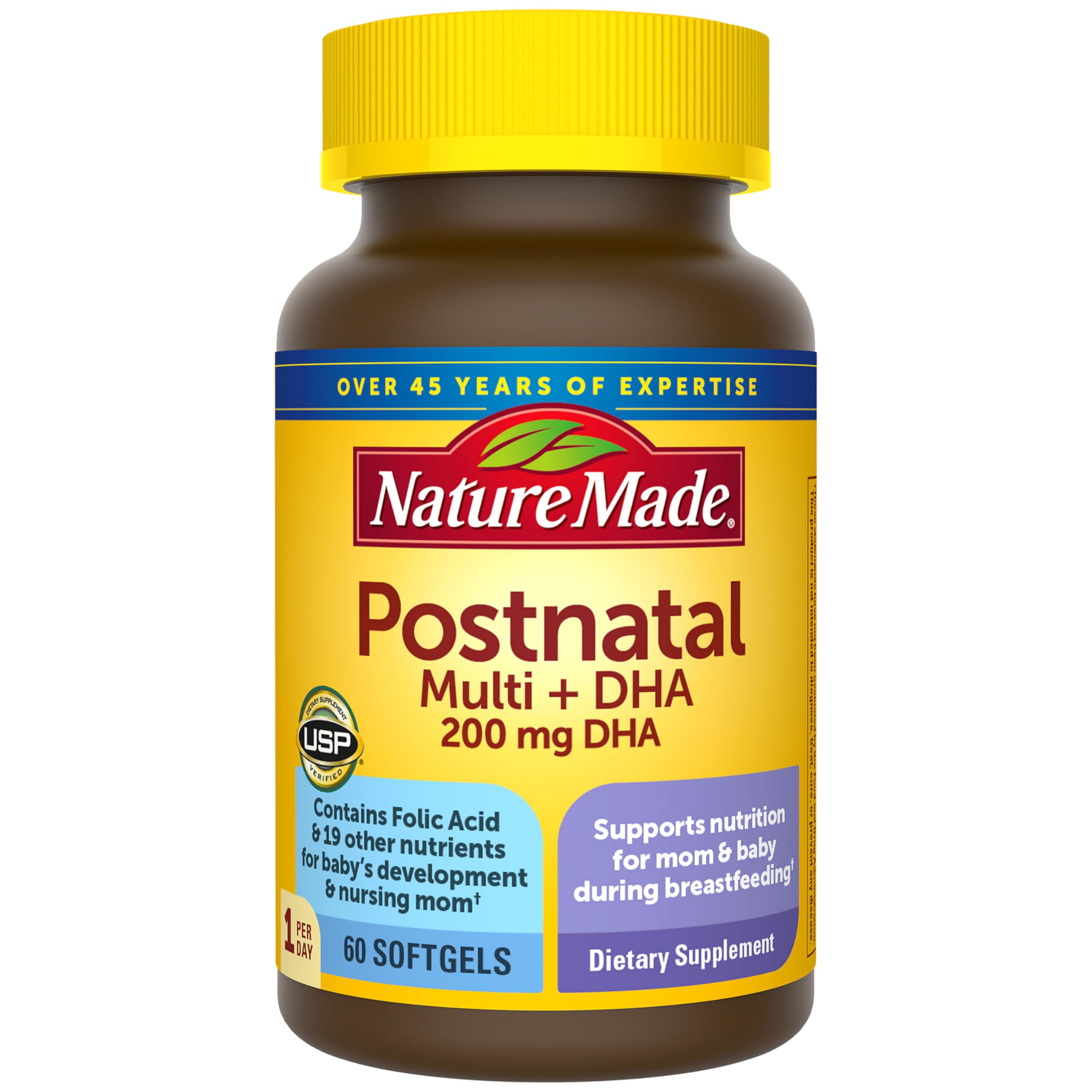Nature Made Postnatal bottle side view, supports daily energy during lactation