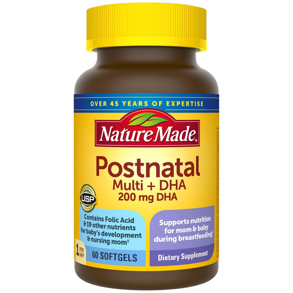 Nature Made Postnatal bottle side view, supports daily energy during lactation