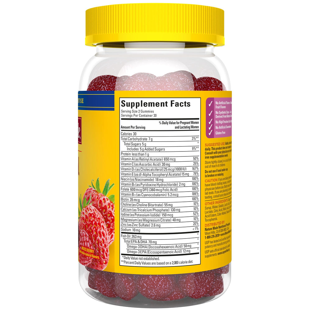 Front view of Nature Made Prenatal Gummies highlighting DHA focus