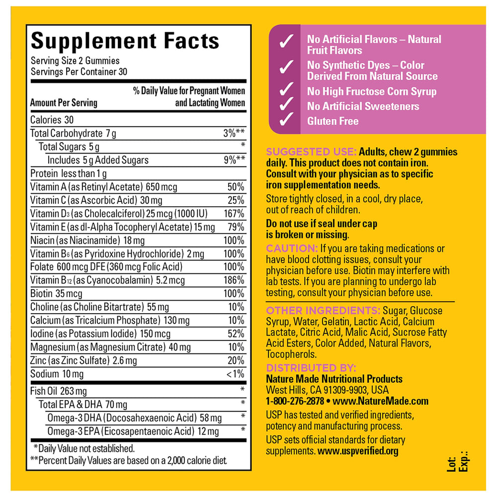 Two gummies per day serving shown with Nature Made Prenatal Gummies