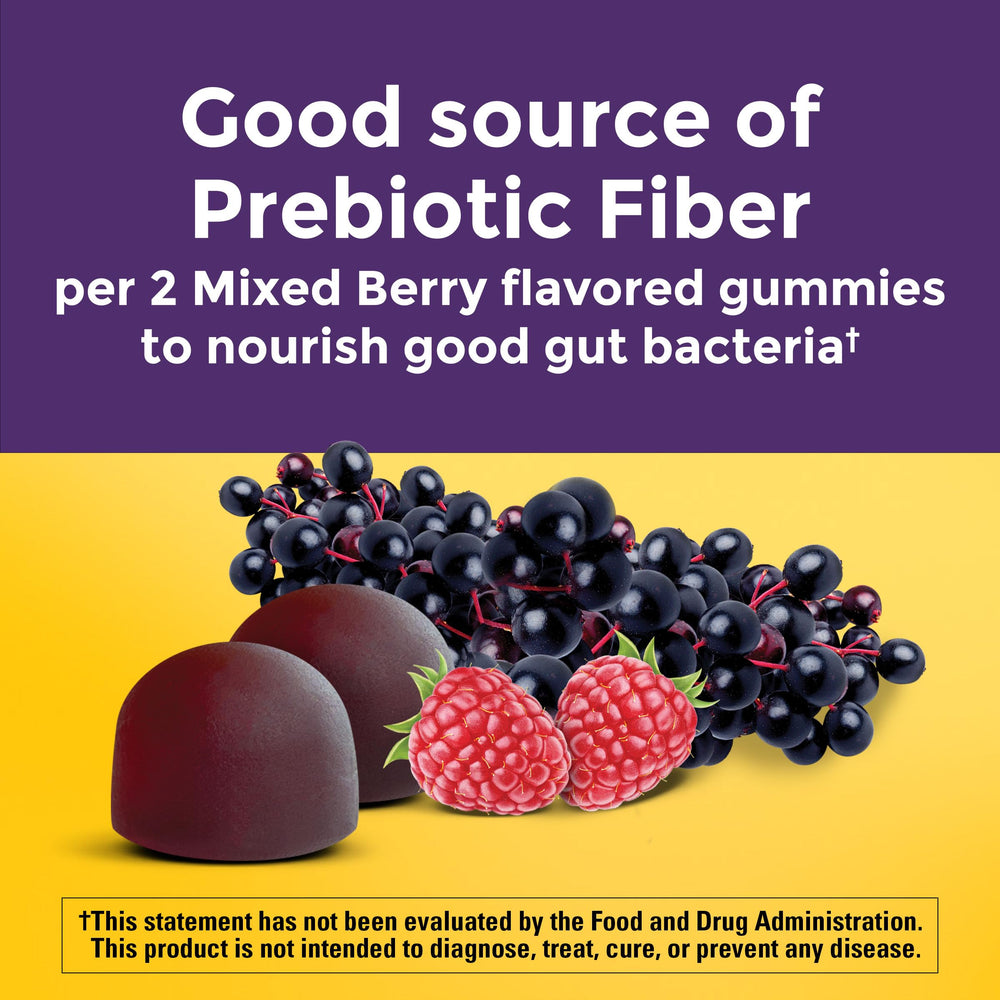 Gummies in a resealable Nature Made bag highlighting gluten-free and fiber-based formula.