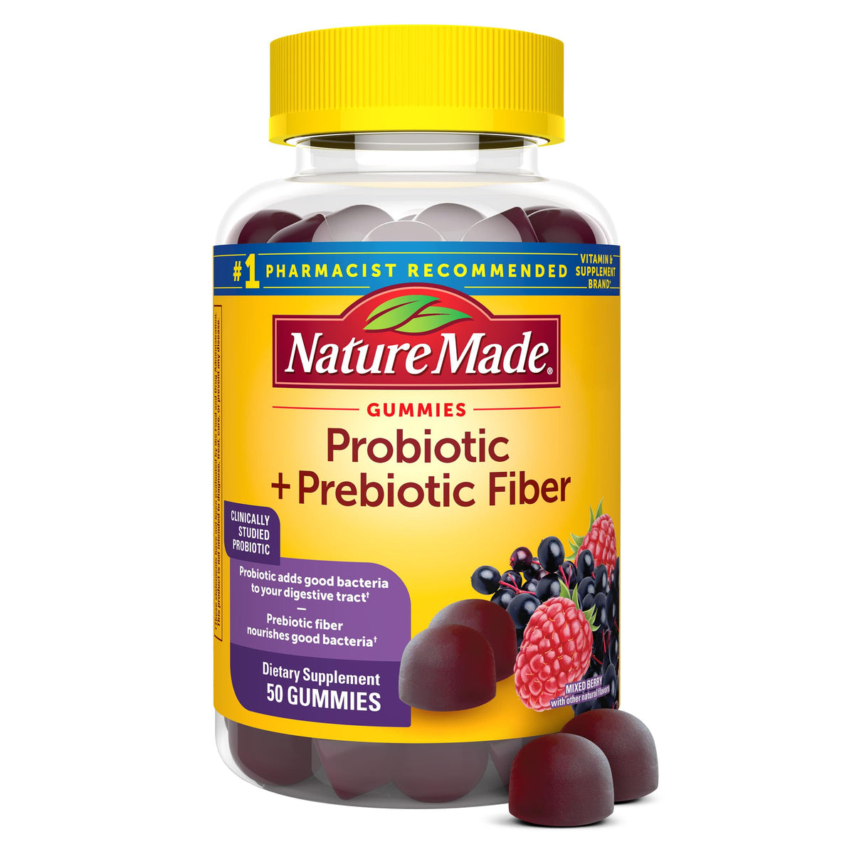 Nature Made Probiotic + Prebiotic Fiber Gummies bottle for daily gut support.