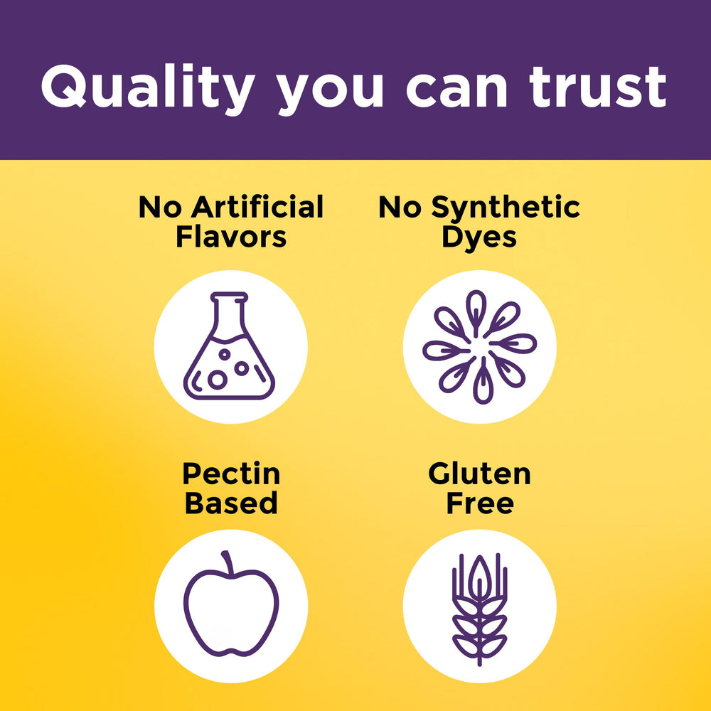 Ingredients panel shows probiotic and prebiotic fiber blend in Nature Made gummies.
