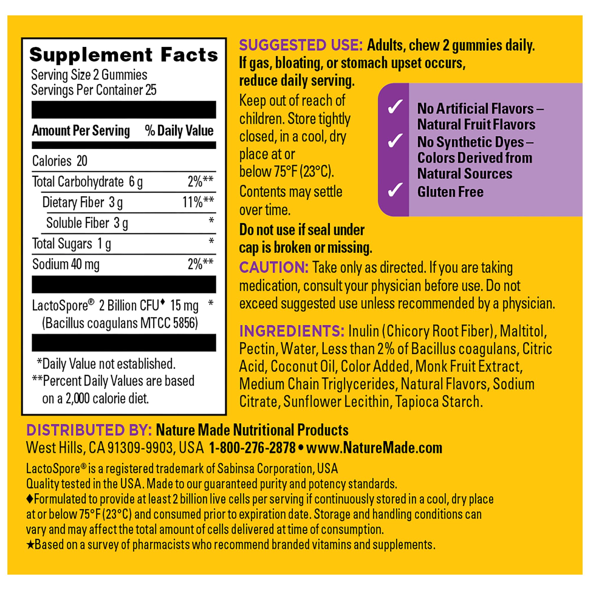 Serving size of two Nature Made gummies for daily gut health support.