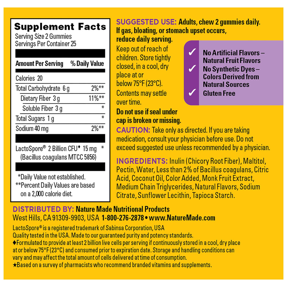 Serving size of two Nature Made gummies for daily gut health support.
