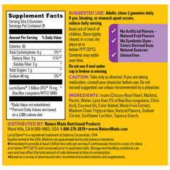 Serving size of two Nature Made gummies for daily gut health support.