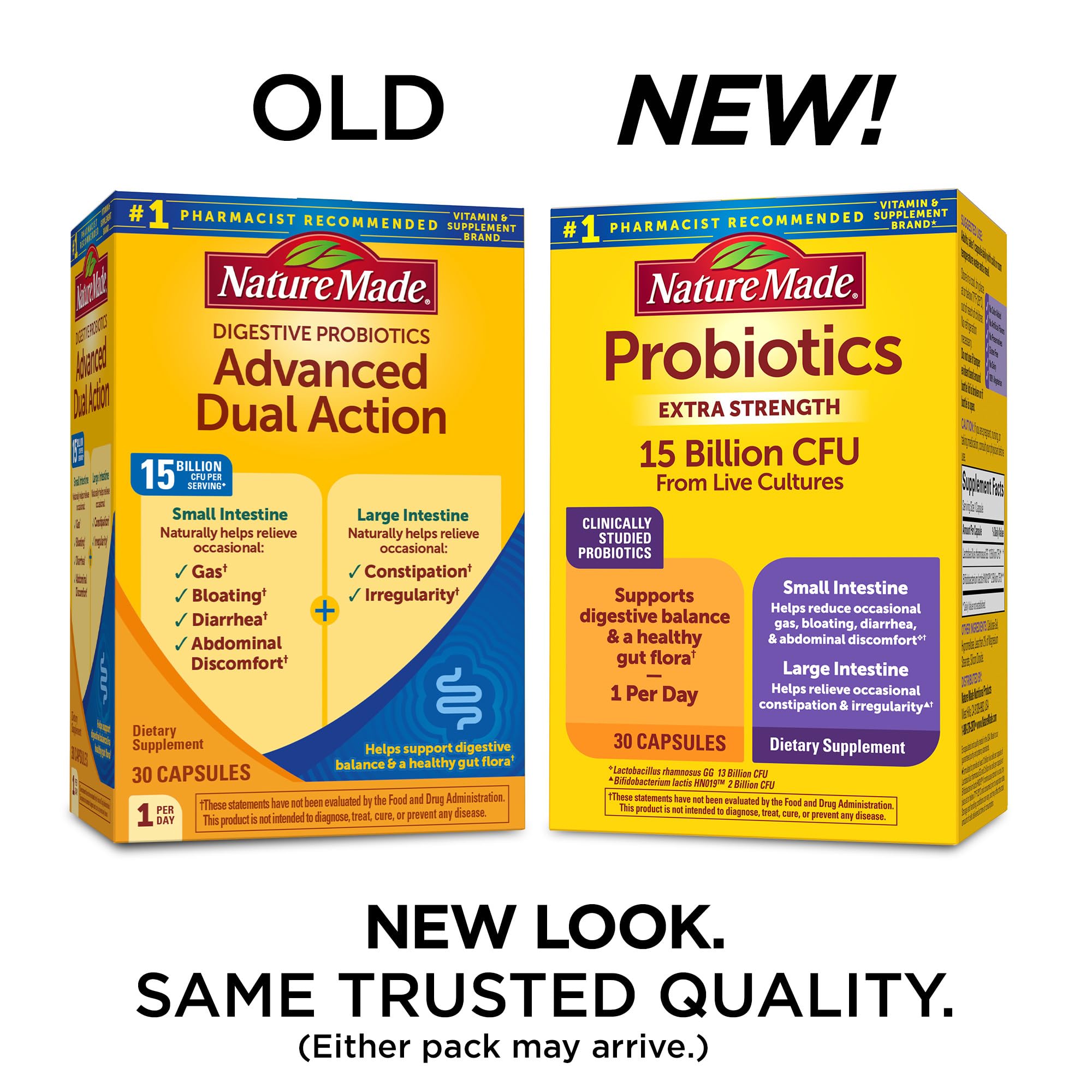Nature Made Probiotics capsules close-up highlighting 15B CFU formulation.