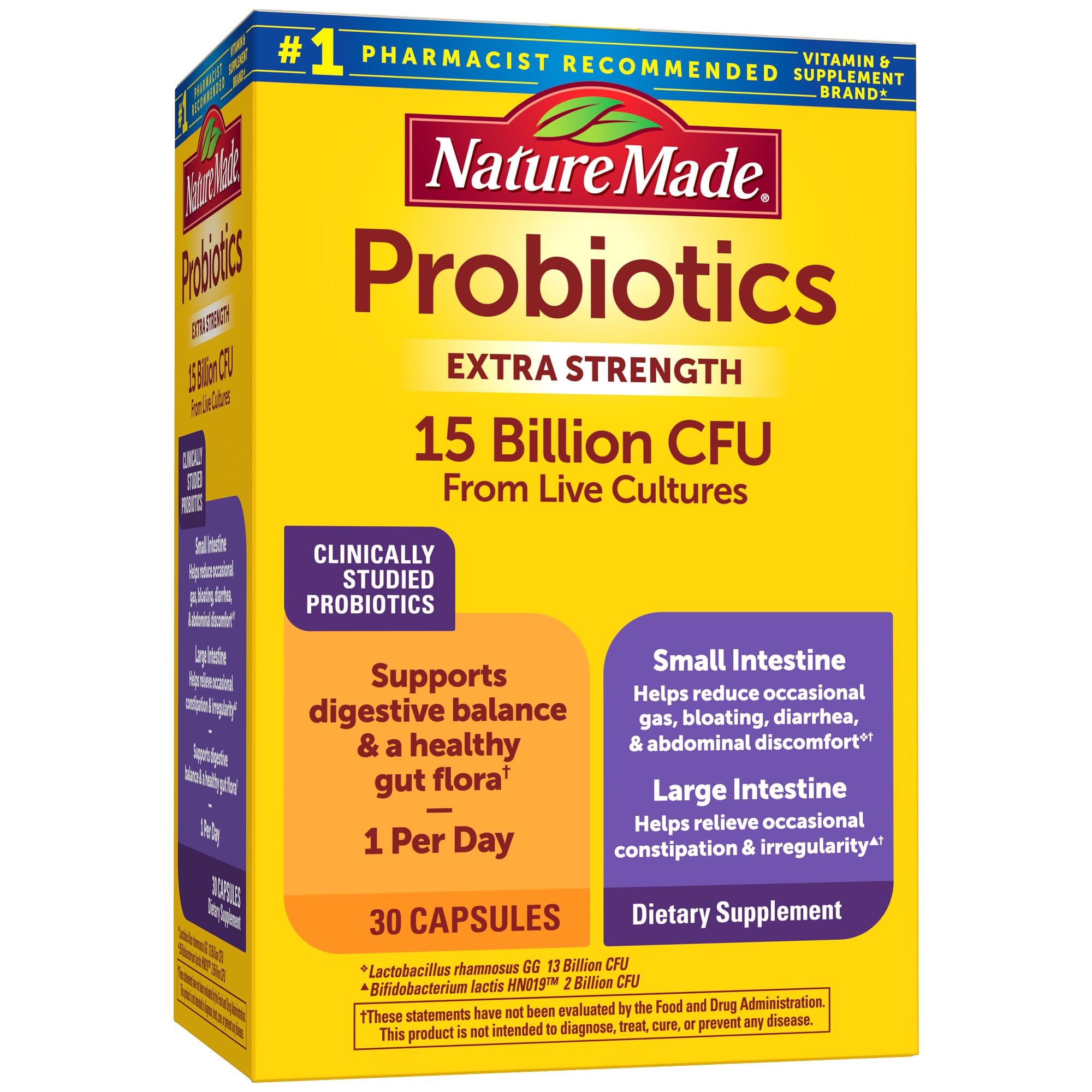 Nature Made Probiotics bottle front shows extra strength formula for daily gut balance.