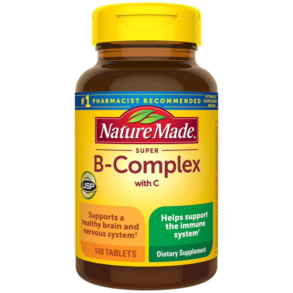 Nature Made Super B Complex bottle front shows complete B vitamins for energy support.