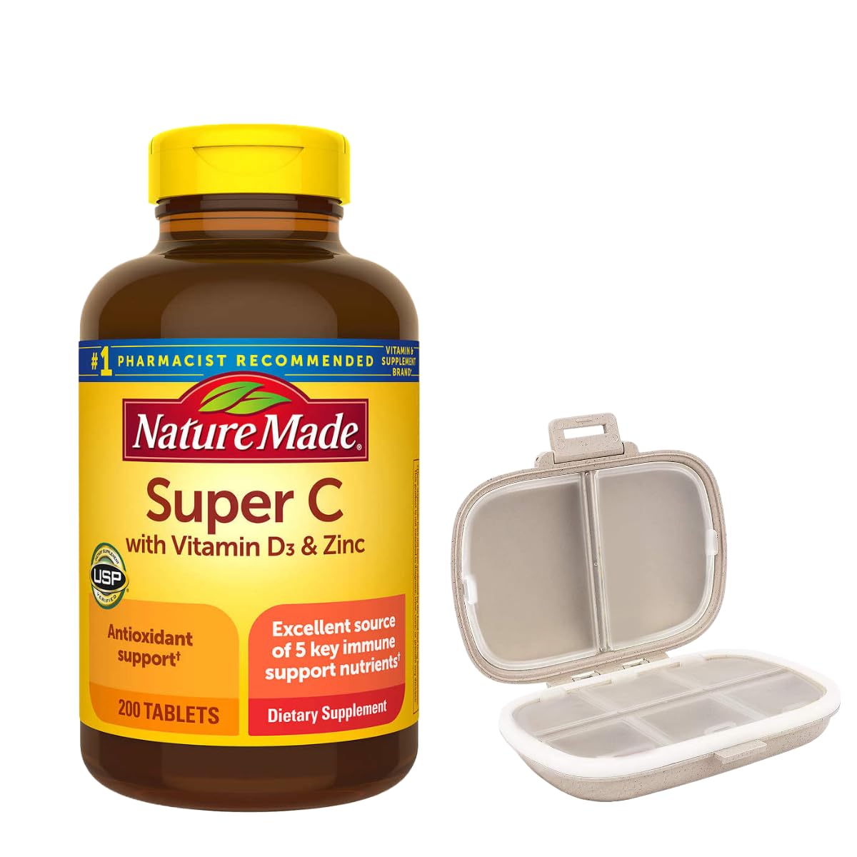 Nature Made Super C bottle front view highlighting vitamin C and D3 for immune support.