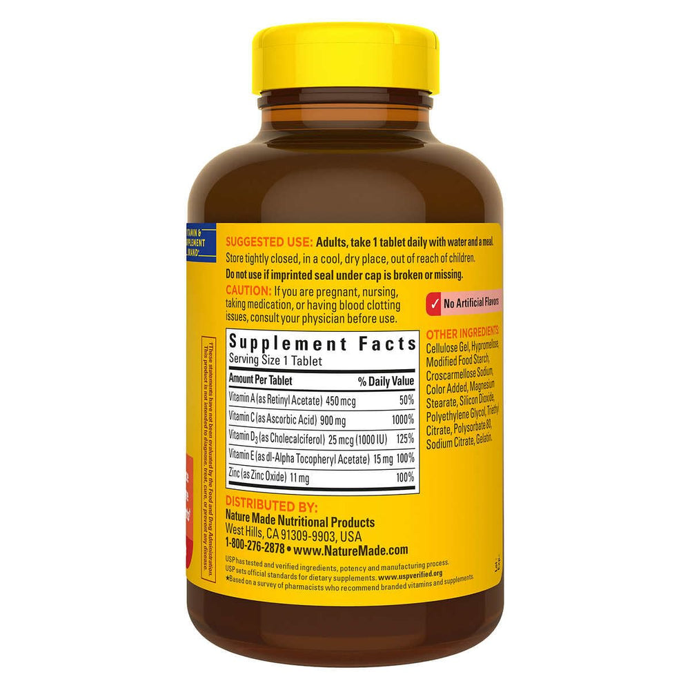Nature Made Super C bottle label close-up showing ingredients and daily dosage details.