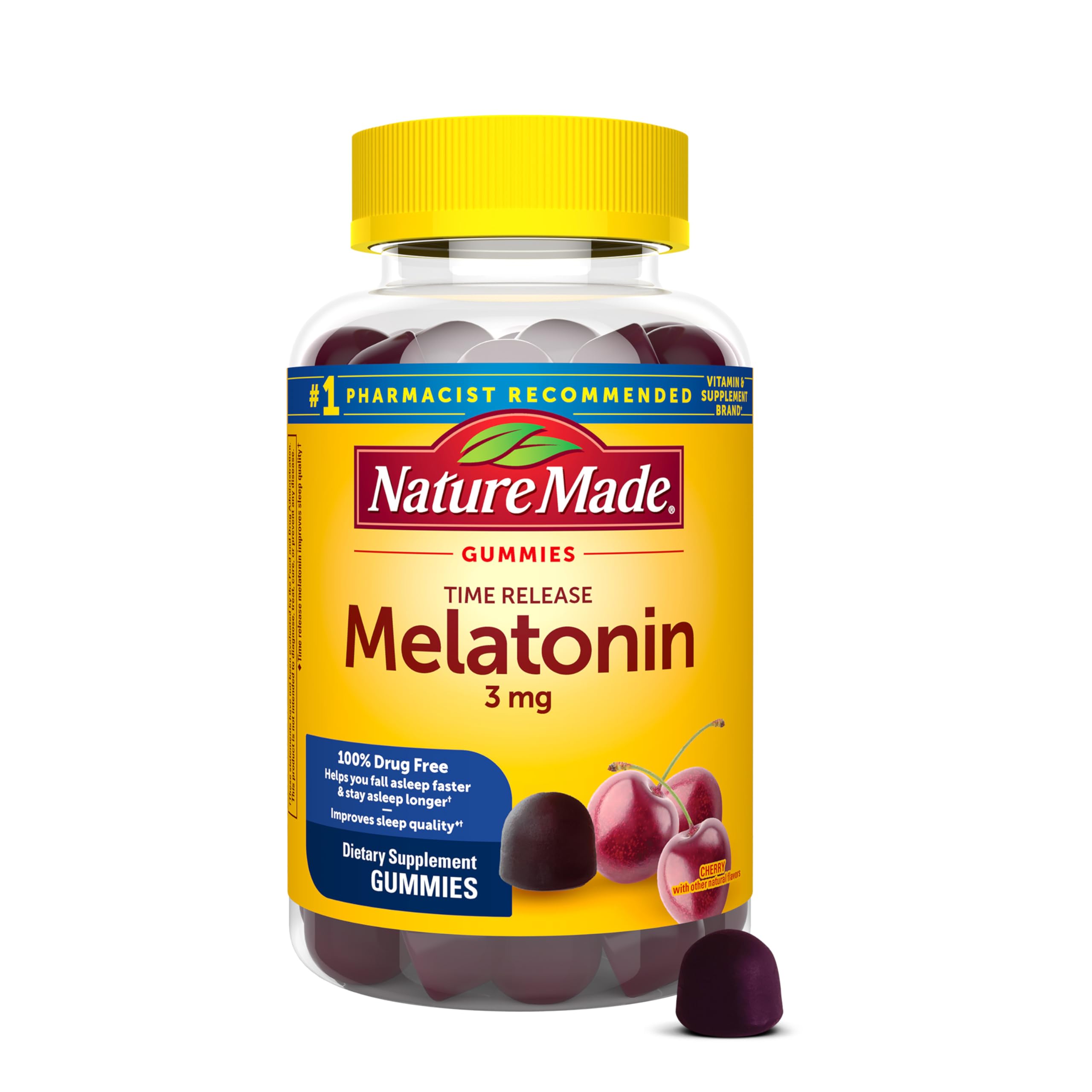 Nature Made Time Release Melatonin bottle on a nightstand for gradual sleep support