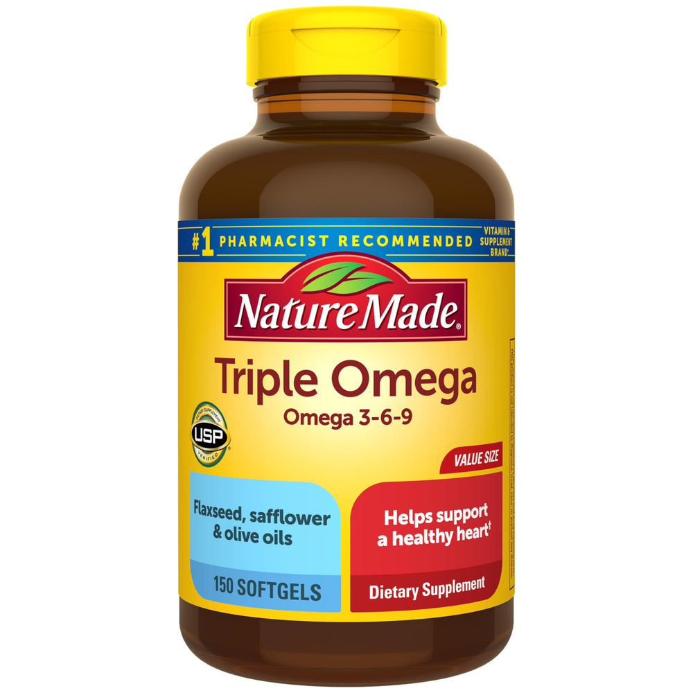 Nature Made Triple Omega 3-6-9 softgels bottle on shelf, balanced fatty acids