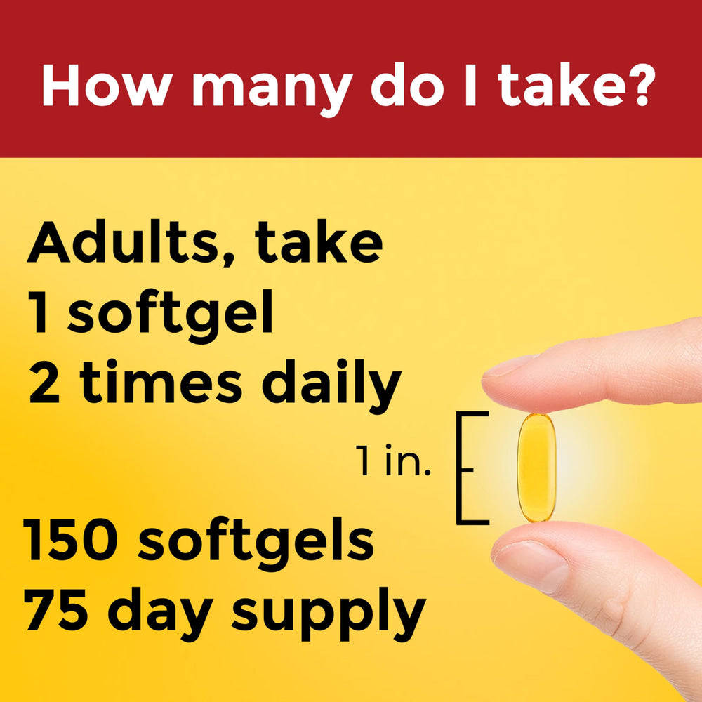 Daily-use Nature Made softgels with water before meals for absorption