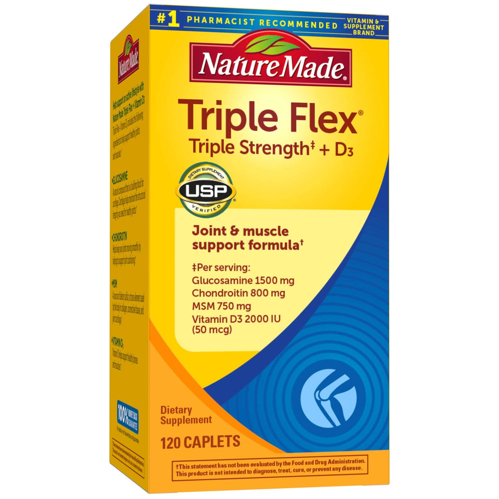 Nature Made TripleFlex bottle showing caplets for joint support throughout the day