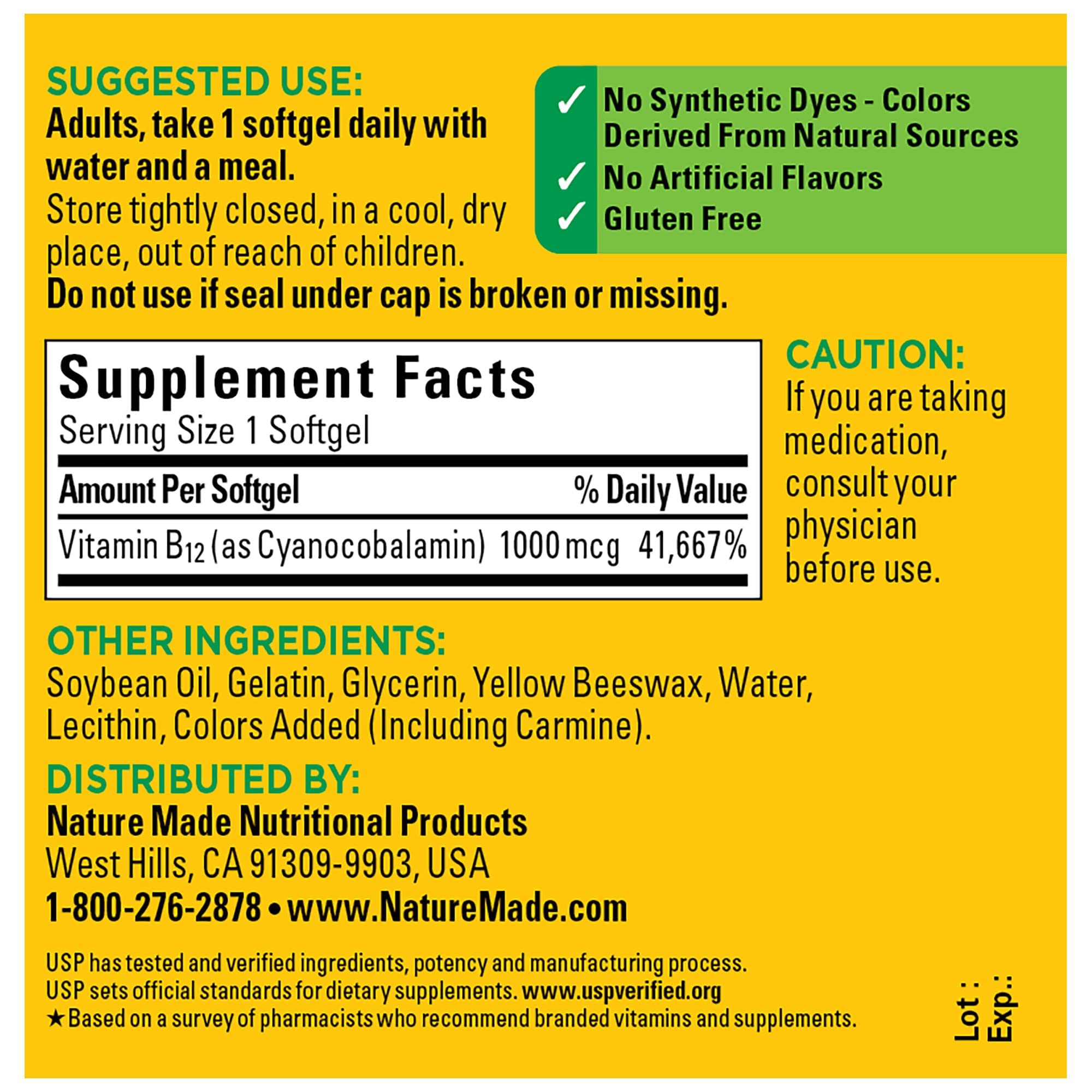 Close-up of Nature Made B12 softgels, easy-to-swallow daily capsules for energy support.