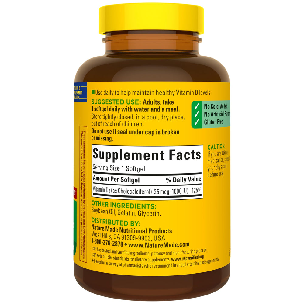 Nature Made Vitamin D3 1000 IU bottle on kitchen counter for daily routine.