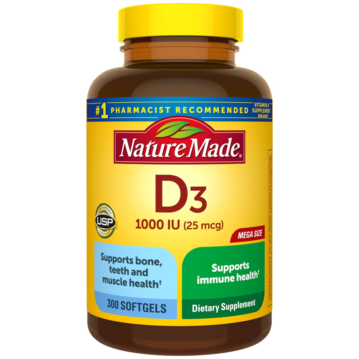 Nature Made Vitamin D3 1000 IU bottle shows softgels for daily bone and immune support.