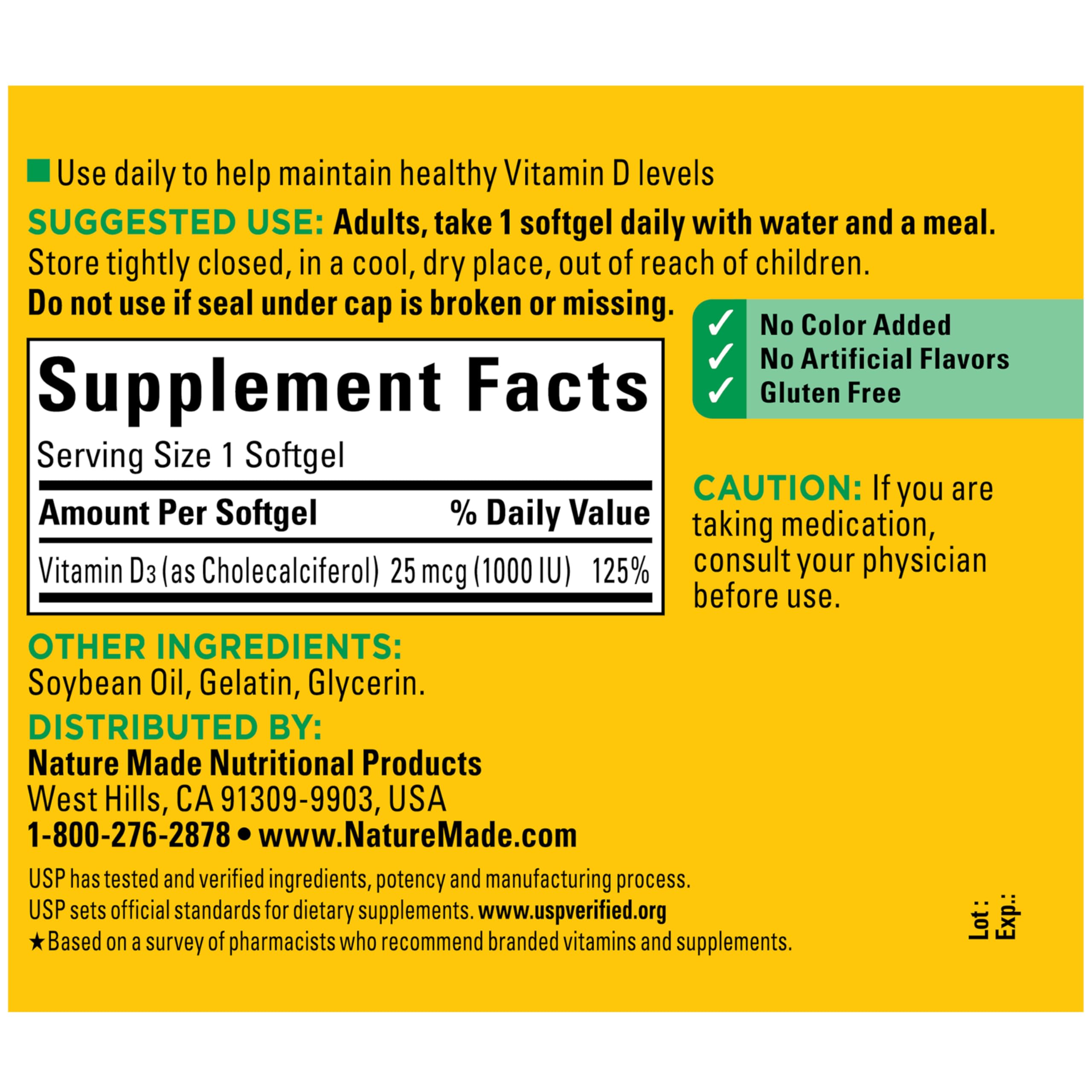 Nature Made USP verification badge on Vitamin D3 product details
