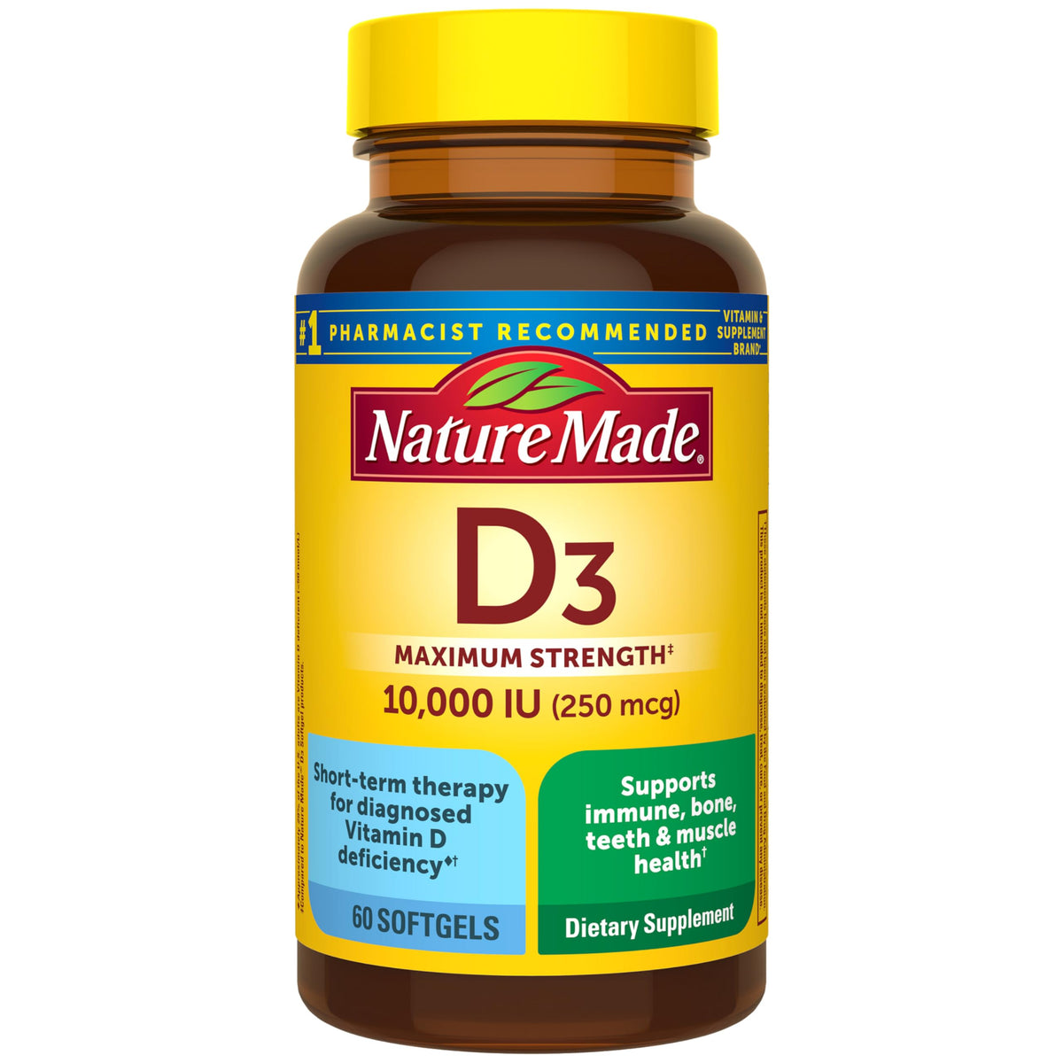 Nature Made Vitamin D3 10000 IU bottle with softgels for daily bone support