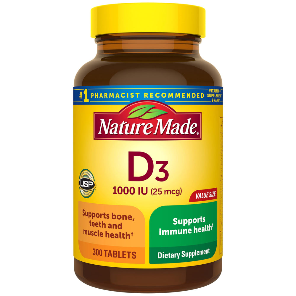 Nature Made Vitamin D3 1000 IU bottle highlights daily bone support potential.