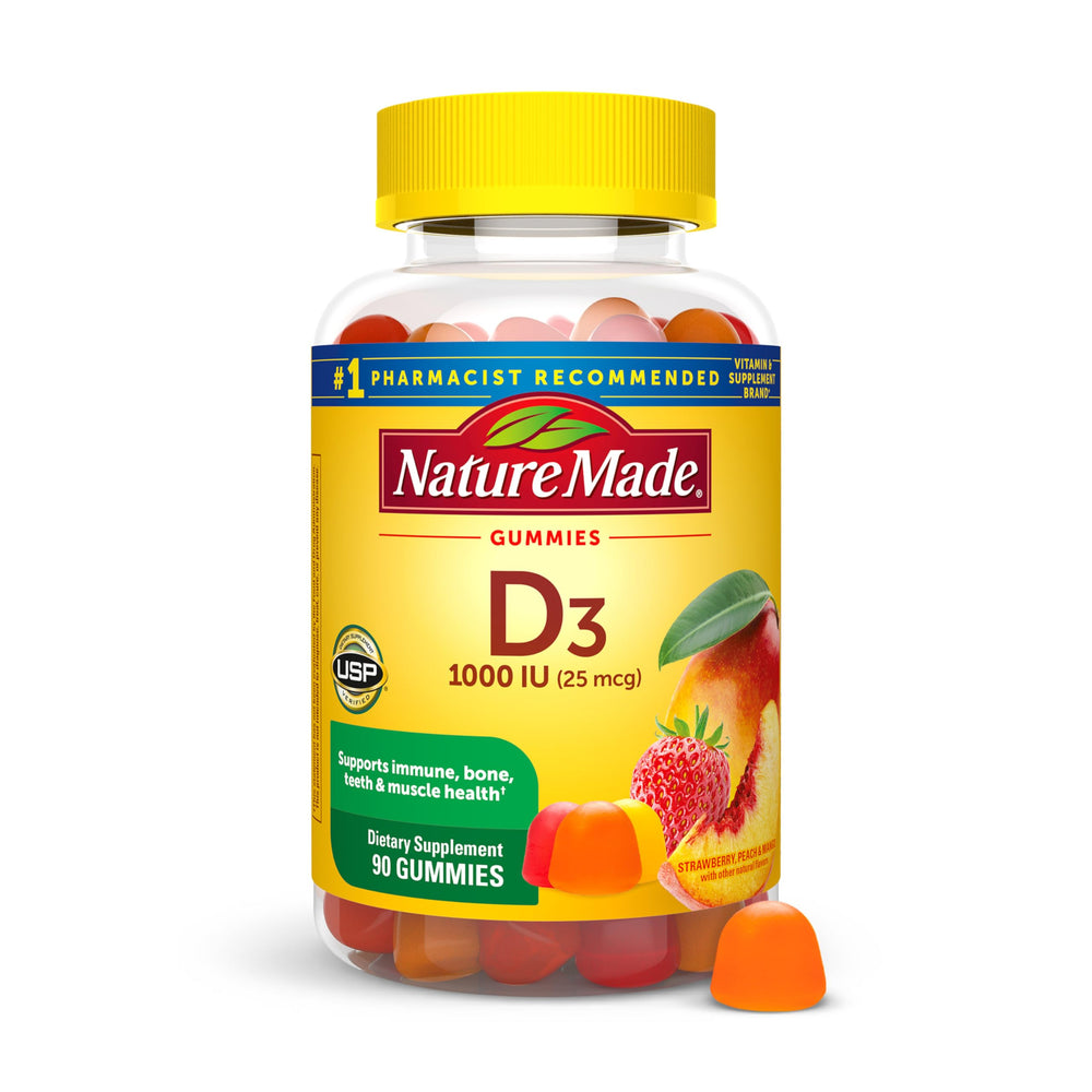 Nature Made Vitamin D3 1000 IU gummies bottle for daily bone, teeth, and immune support.
