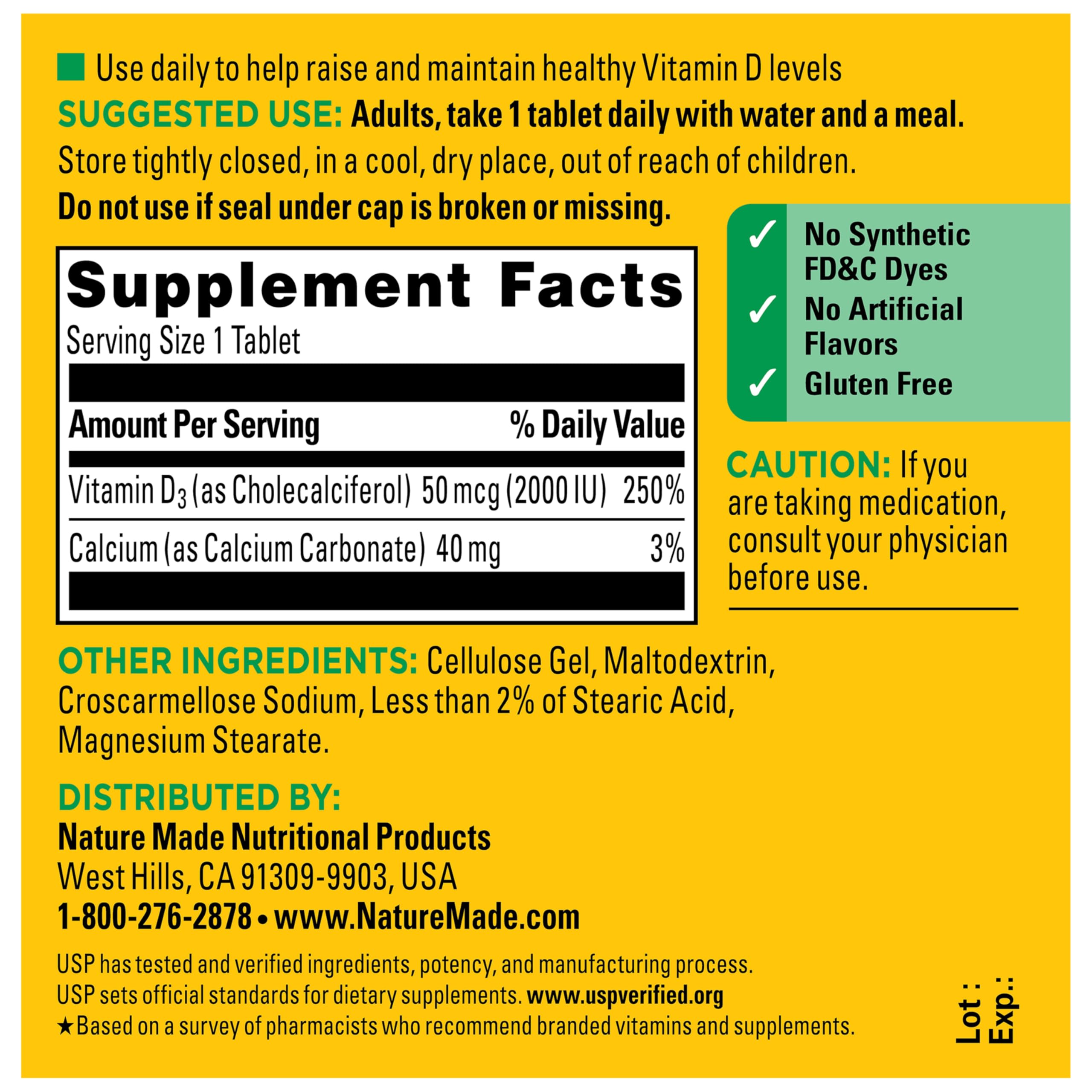Nature Made Vitamin D3 2000 IU bottle with no artificial flavors.