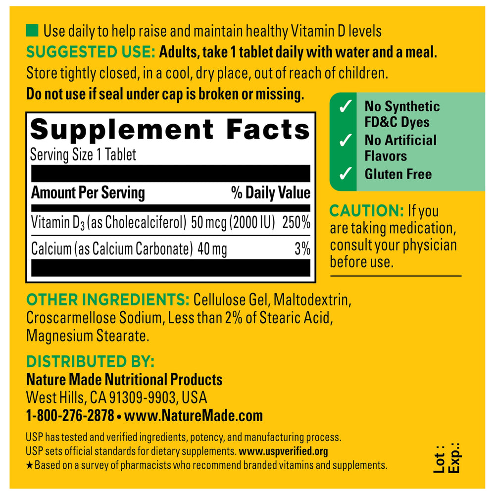Nature Made Vitamin D3 2000 IU bottle with no artificial flavors.