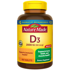 Nature Made Vitamin D3 2000 IU tablet bottle shown for daily immune and bone support