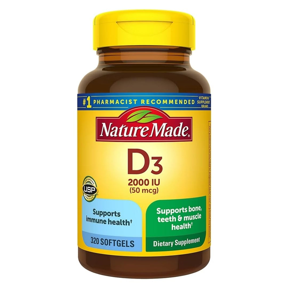 Nature Made Vitamin D3 2000 IU softgel bottle supports immune health.