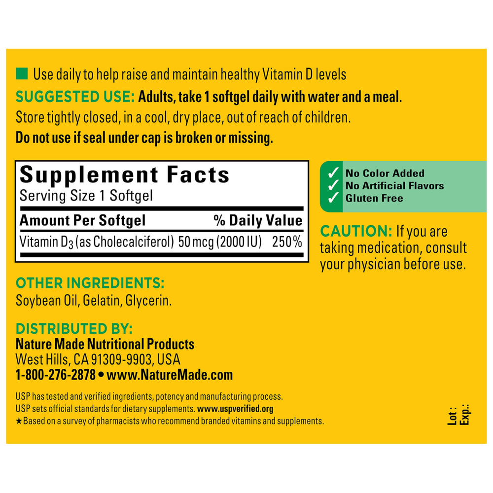 250-count bottle of Nature Made Vitamin D3 offering a long-term supply.