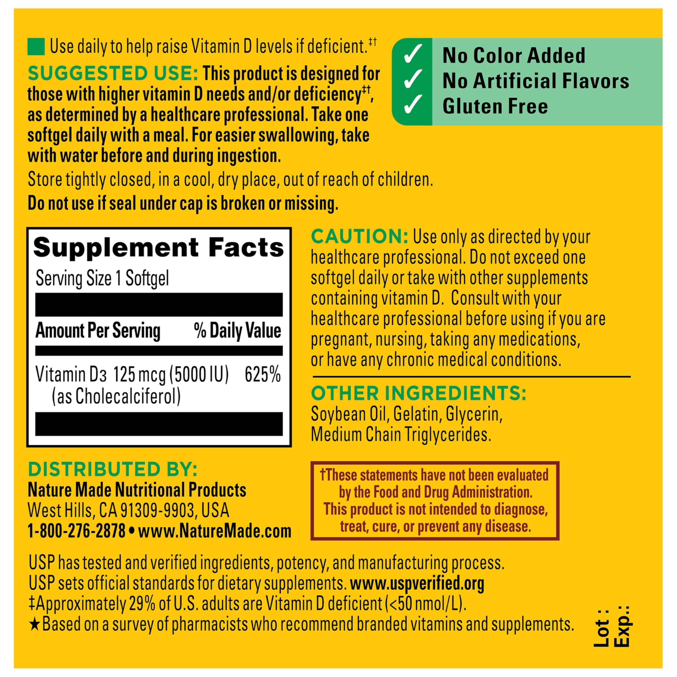 Nature Made Vitamin D3 5000 IU image emphasizes high-dose support for adults.