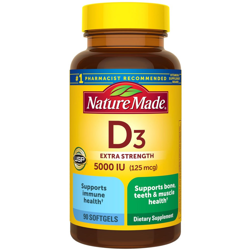 Nature Made Vitamin D3 5000 IU bottle front view supports daily immune and bone health.