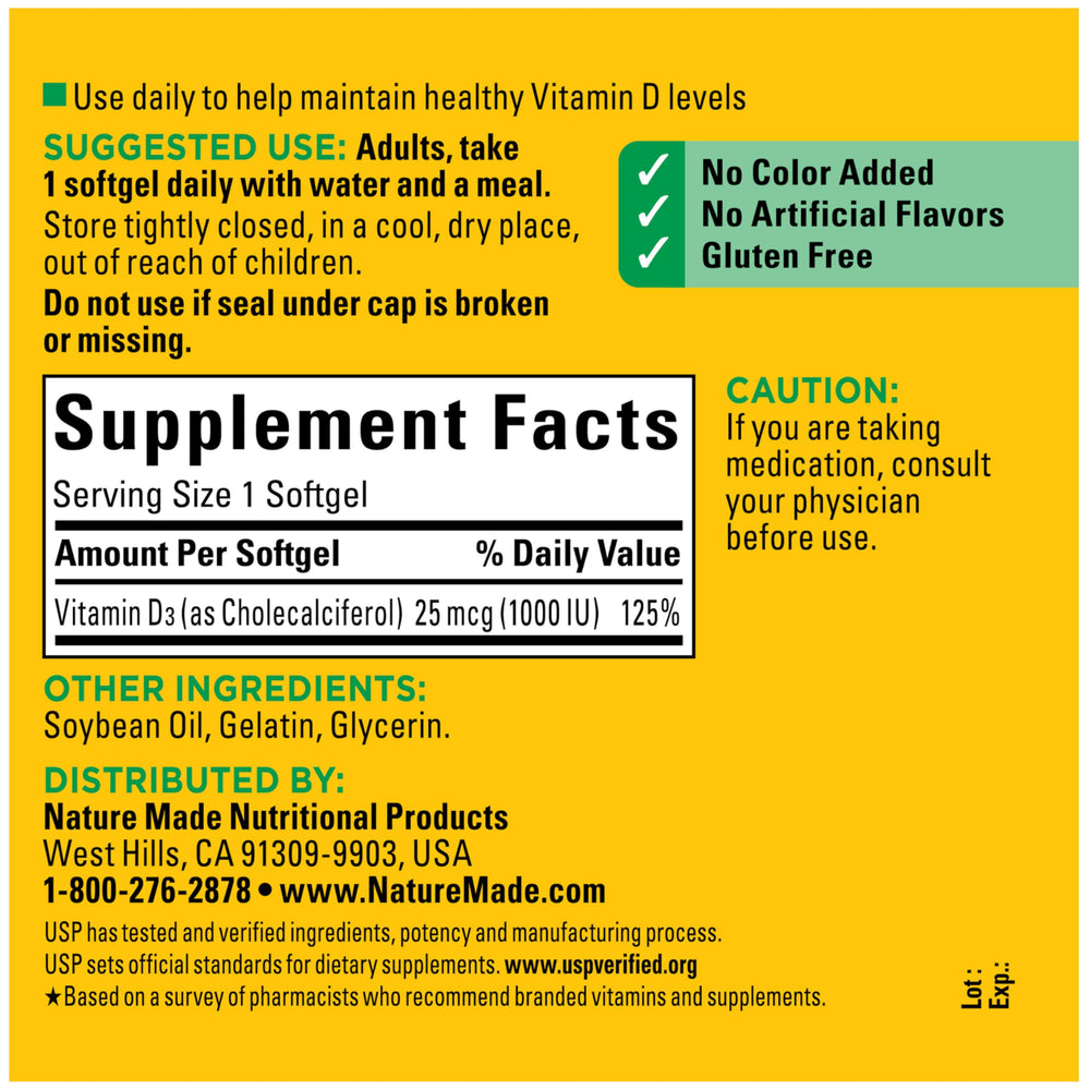 Nature Made Vitamin D3 1000 IU immune support label on bottle.