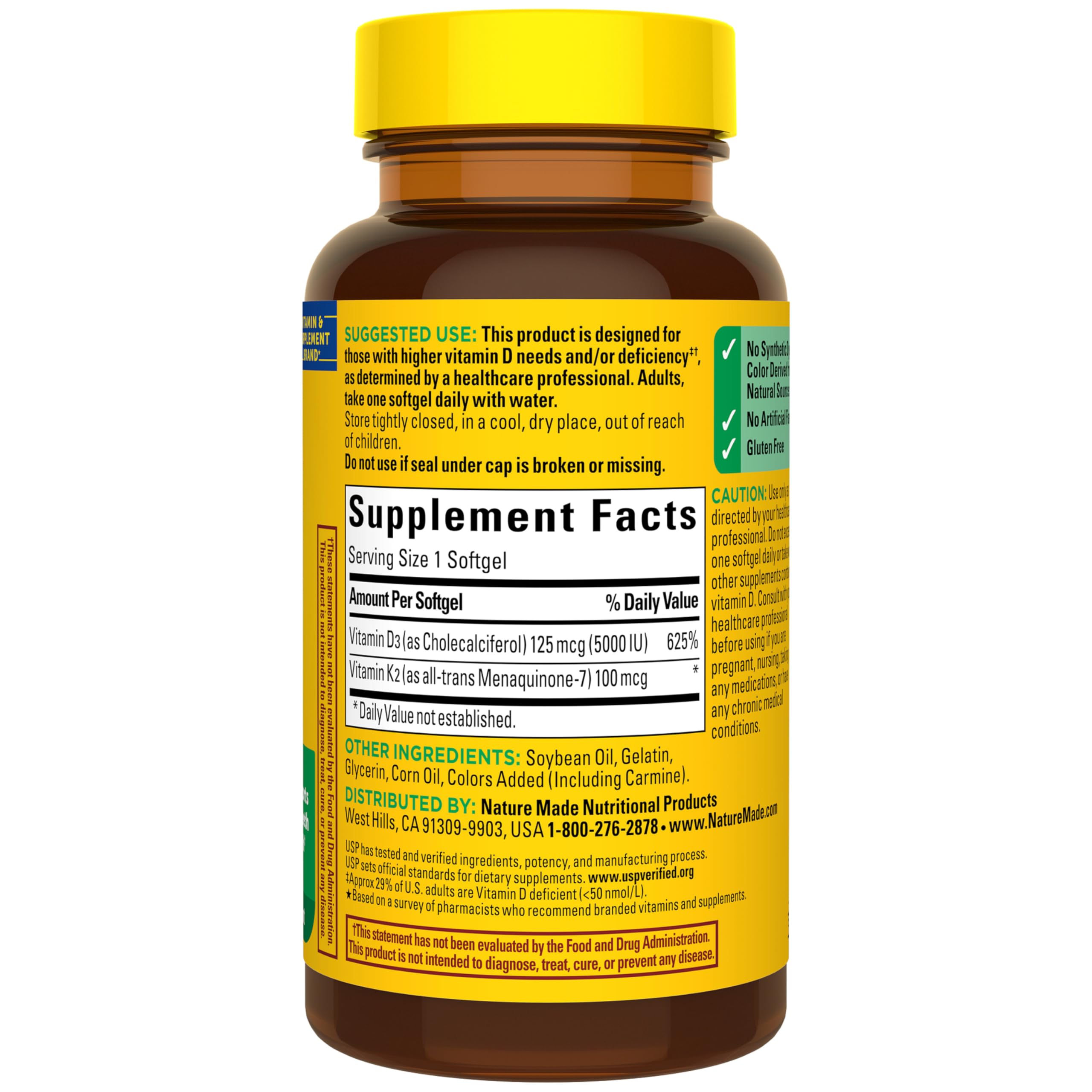 Nature Made D3 K2 softgels bottle with 30-count label and USA-made claim.