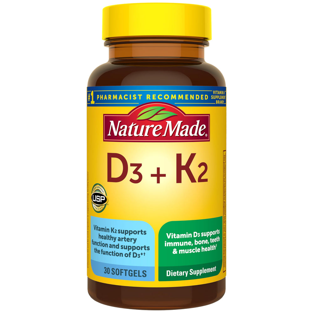 Nature Made Vitamin D3 K2 softgels bottle showing 30-day supply for bone and immune support.