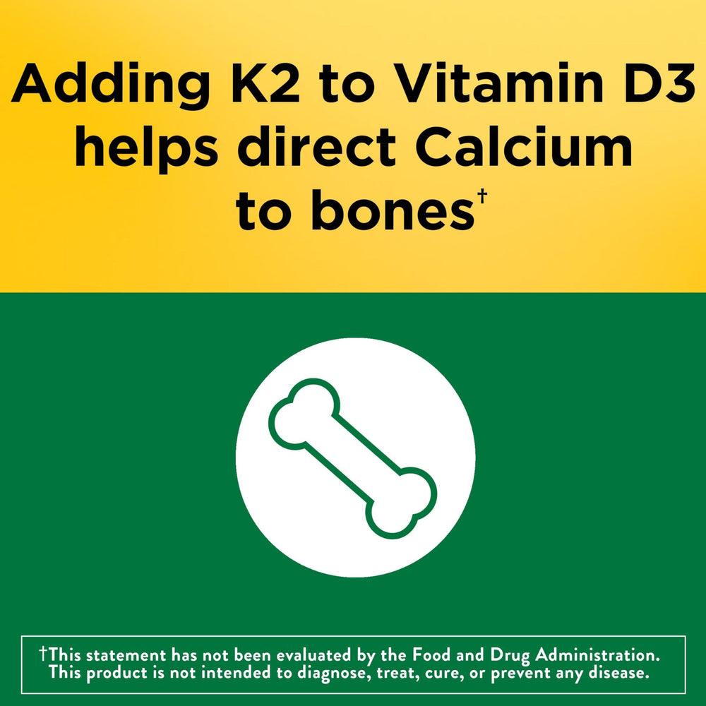 Nature Made Vitamin D3 K2 softgels dosing image for easy daily calcium routine.
