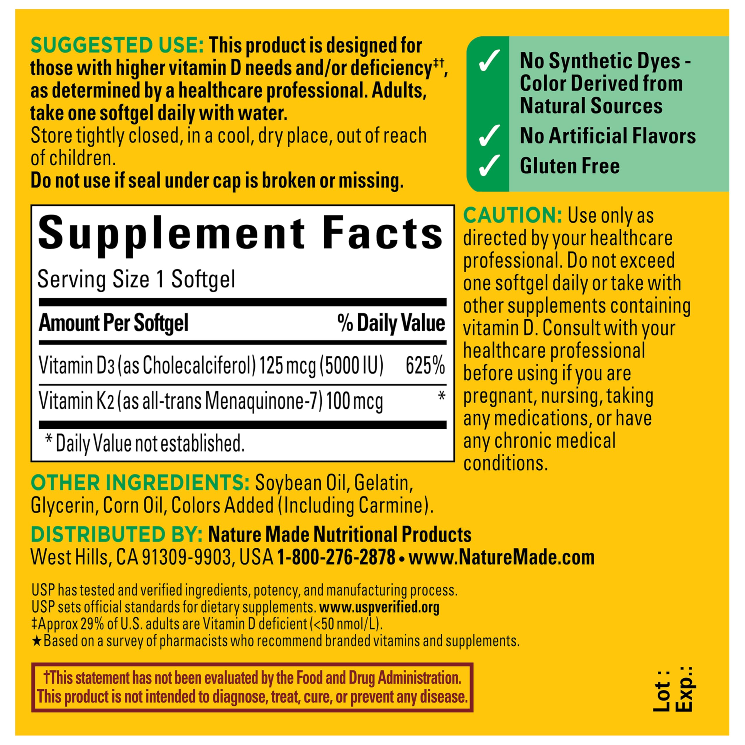 Nature Made Vitamin D3 K2 softgels packaging with supplement facts for bone support.