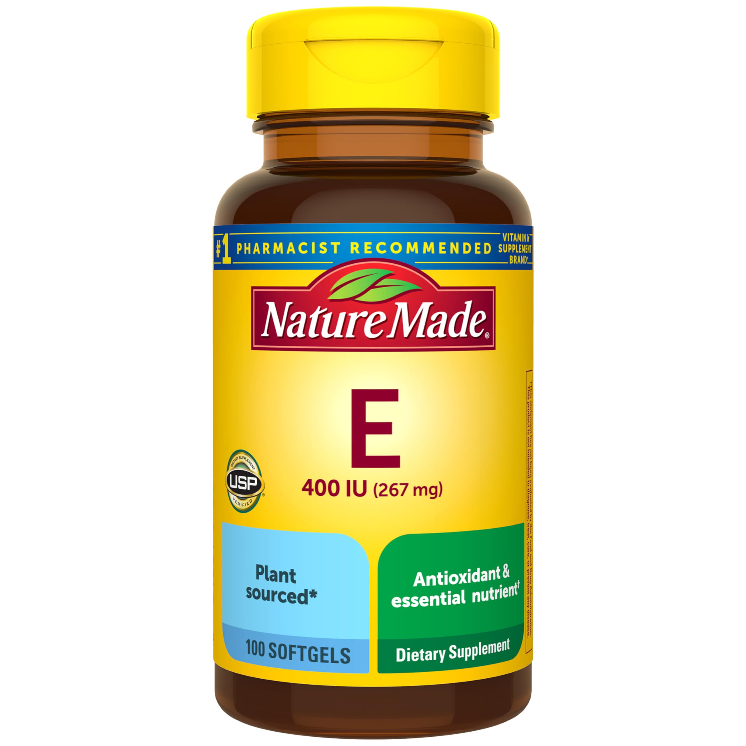 Nature Made Vitamin E 400 IU softgels bottle offers antioxidant support for daily wellness.