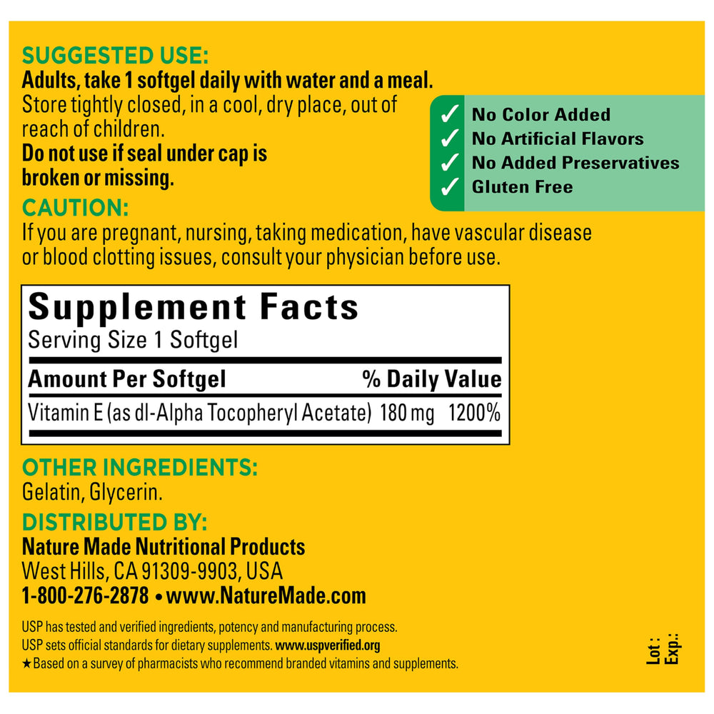 Nature Made Vitamin E 400 IU softgels being poured for convenient daily use