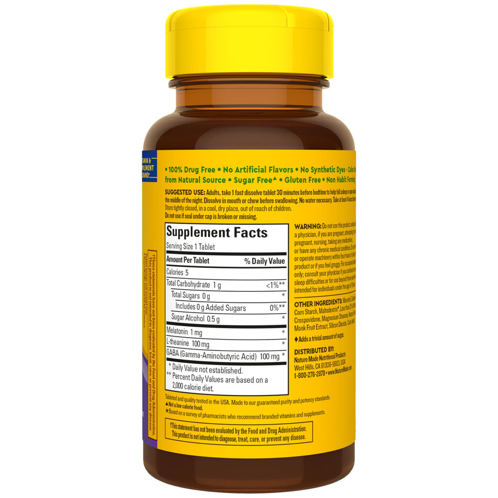 Nature Made Wellblends Back To Sleep ingredient blend label highlights melatonin and L-theanine.