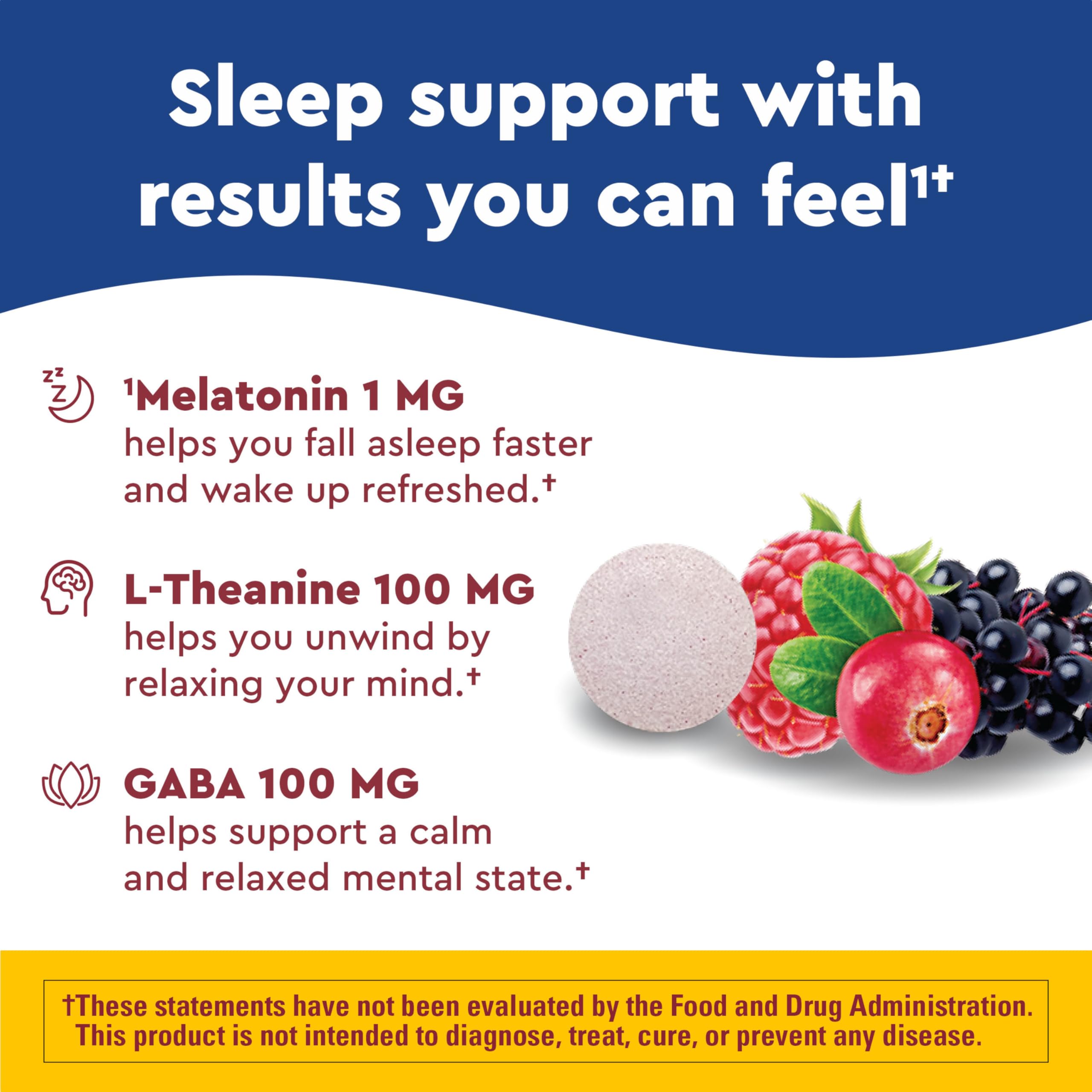 Nature Made Wellblends Back To Sleep tablet dissolves in mouth for convenient nighttime use.