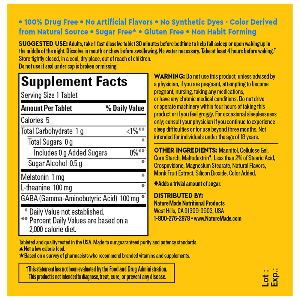 Nature Made Wellblends Back To Sleep tablet in mouth with fast-dissolve action.